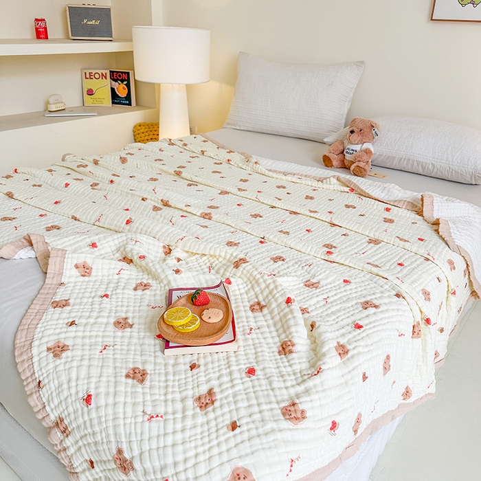 91家纺网 家纺一手货源 找家纺 慕婷家纺 2026新款婴儿纱布浴巾浴巾全棉六层纱布泡泡纱布毛巾被 松果小熊