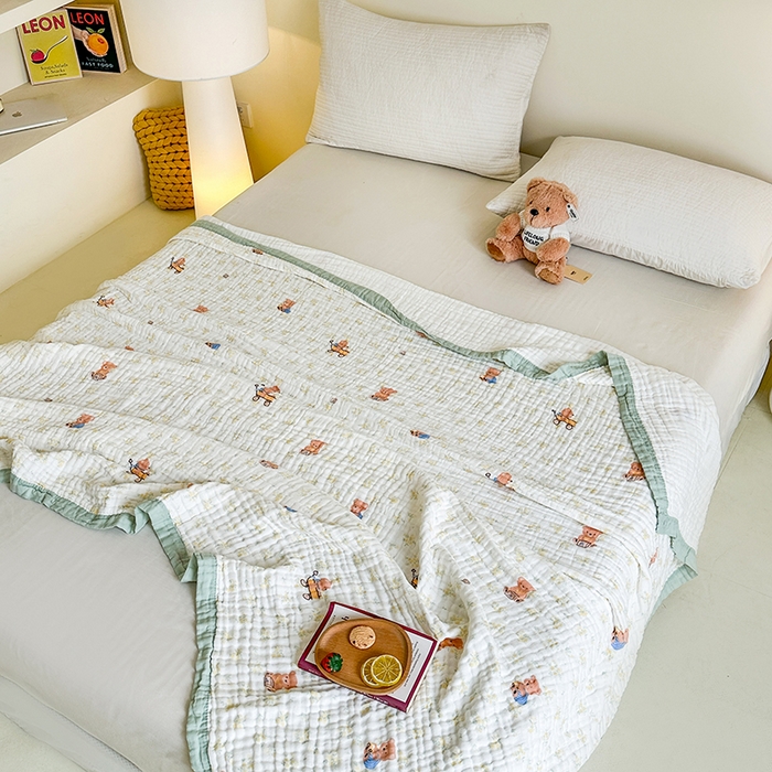 91家纺网 家纺一手货源 找家纺 慕婷家纺 2026新款婴儿纱布浴巾浴巾全棉六层纱布泡泡纱布毛巾被 春日花熊