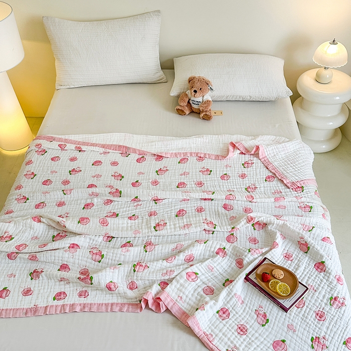 91家纺网 家纺一手货源 找家纺 慕婷家纺 2026新款婴儿纱布浴巾浴巾全棉六层纱布泡泡纱布毛巾被 桃气多多