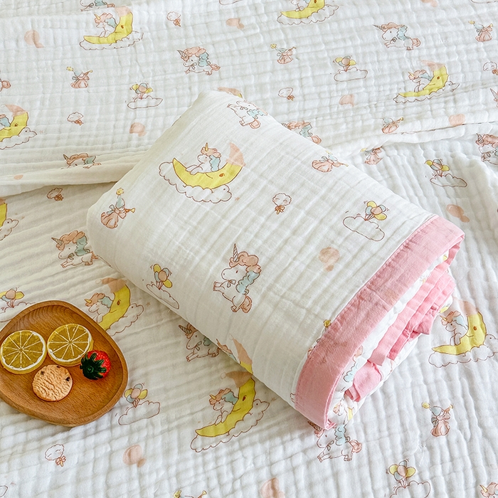 91家纺网 家纺一手货源 找家纺 慕婷家纺 2026新款婴儿纱布浴巾浴巾全棉六层纱布泡泡纱布毛巾被 晚安独角兽