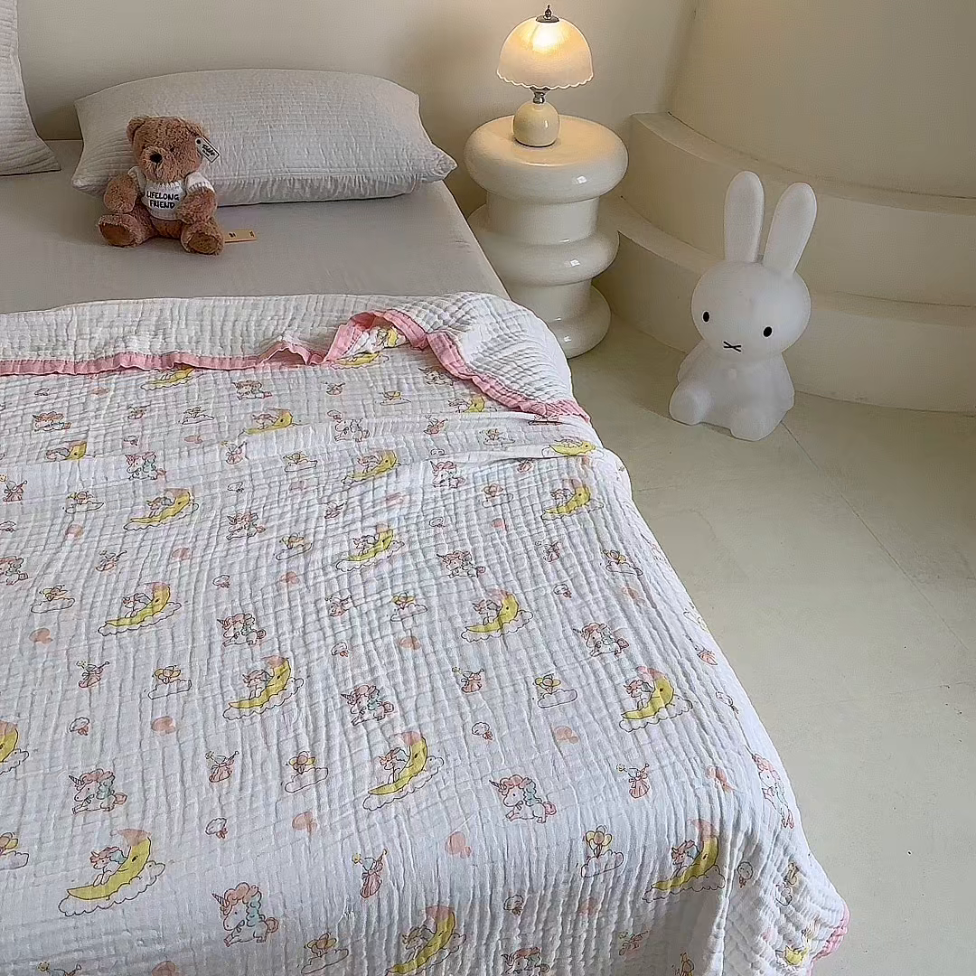 91家纺网 家纺一手货源 找家纺 慕婷家纺 2026新款婴儿纱布浴巾浴巾全棉六层纱布泡泡纱布毛巾被 晚安独角兽