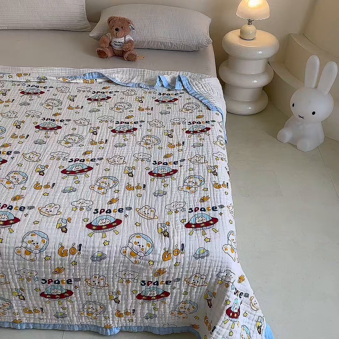 91家纺网 家纺一手货源 找家纺 慕婷家纺 2026新款婴儿纱布浴巾浴巾全棉六层纱布泡泡纱布毛巾被 太空兔