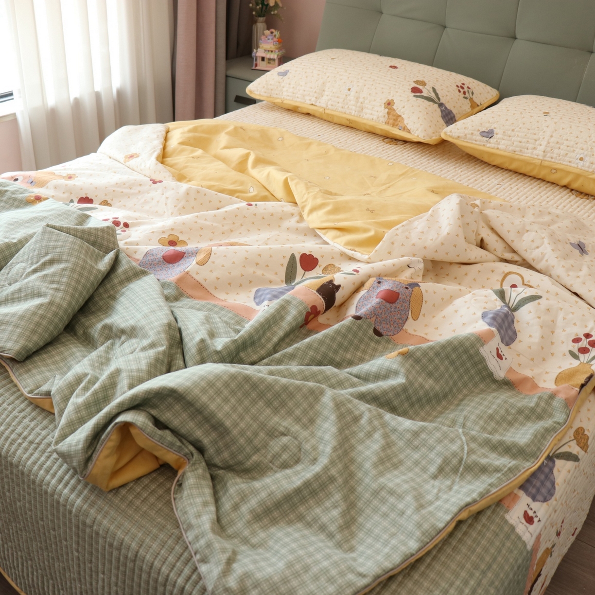 91家纺网 家纺一手货源 找家纺 孑寐家纺 2026新款全棉纯棉多功能夏被床盖四件套夏凉被空调被 春日星光