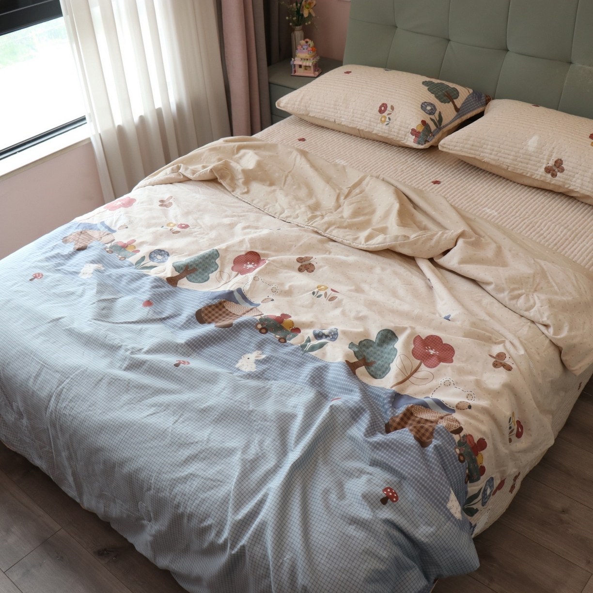 91家纺网 家纺一手货源 找家纺 孑寐家纺 2026新款全棉纯棉多功能夏被床盖四件套夏凉被空调被 农场小熊