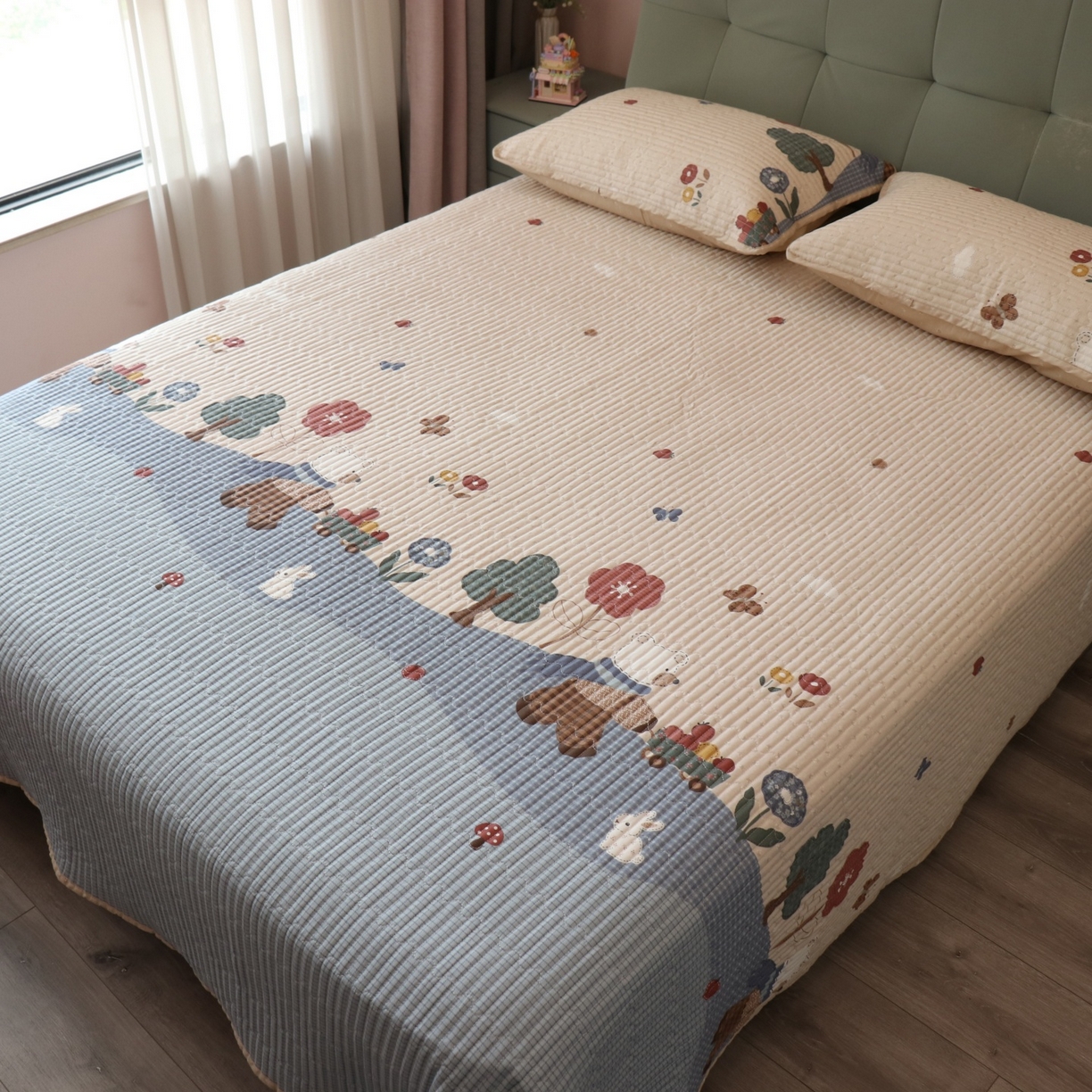 91家纺网 家纺一手货源 找家纺 孑寐家纺 2026新款全棉纯棉多功能夏被床盖四件套夏凉被空调被 农场小熊