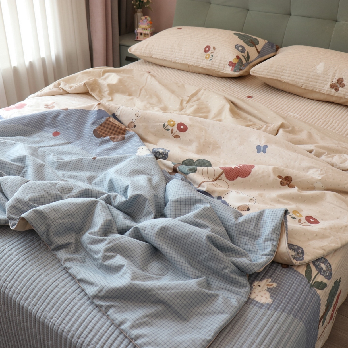 91家纺网 家纺一手货源 找家纺 孑寐家纺 2026新款全棉纯棉多功能夏被床盖四件套夏凉被空调被 农场小熊