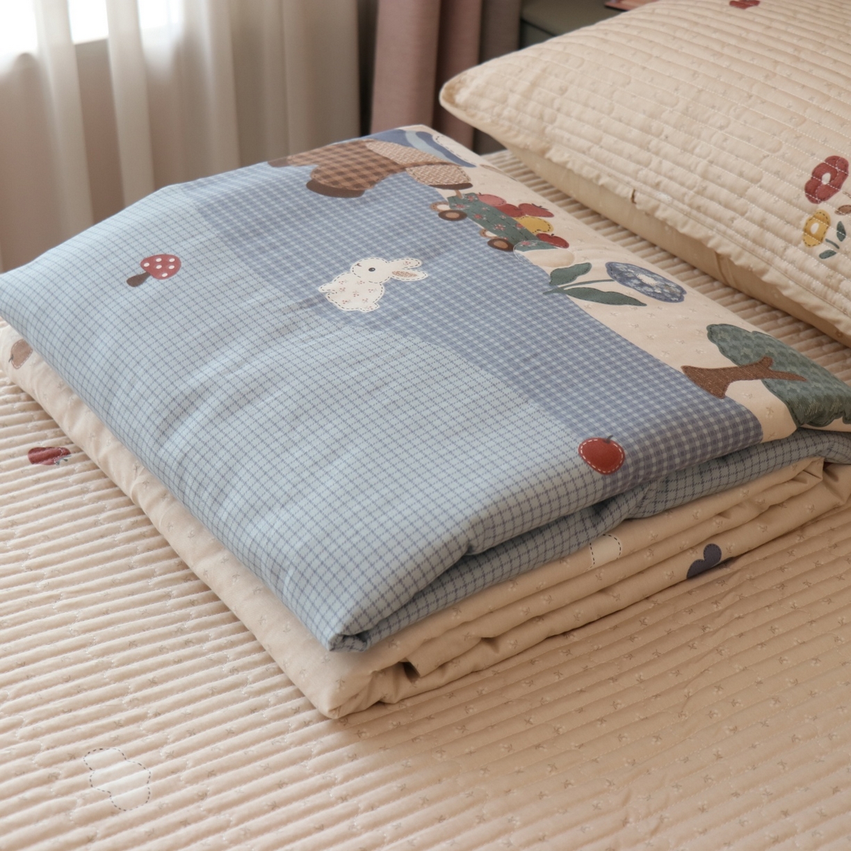 91家纺网 家纺一手货源 找家纺 孑寐家纺 2026新款全棉纯棉多功能夏被床盖四件套夏凉被空调被 农场小熊