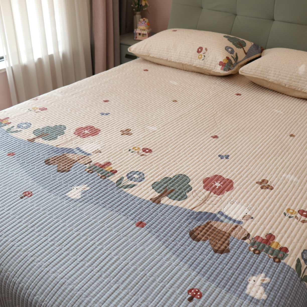 91家纺网 家纺一手货源 找家纺 孑寐家纺 2026新款全棉纯棉多功能夏被床盖四件套夏凉被空调被 农场小熊