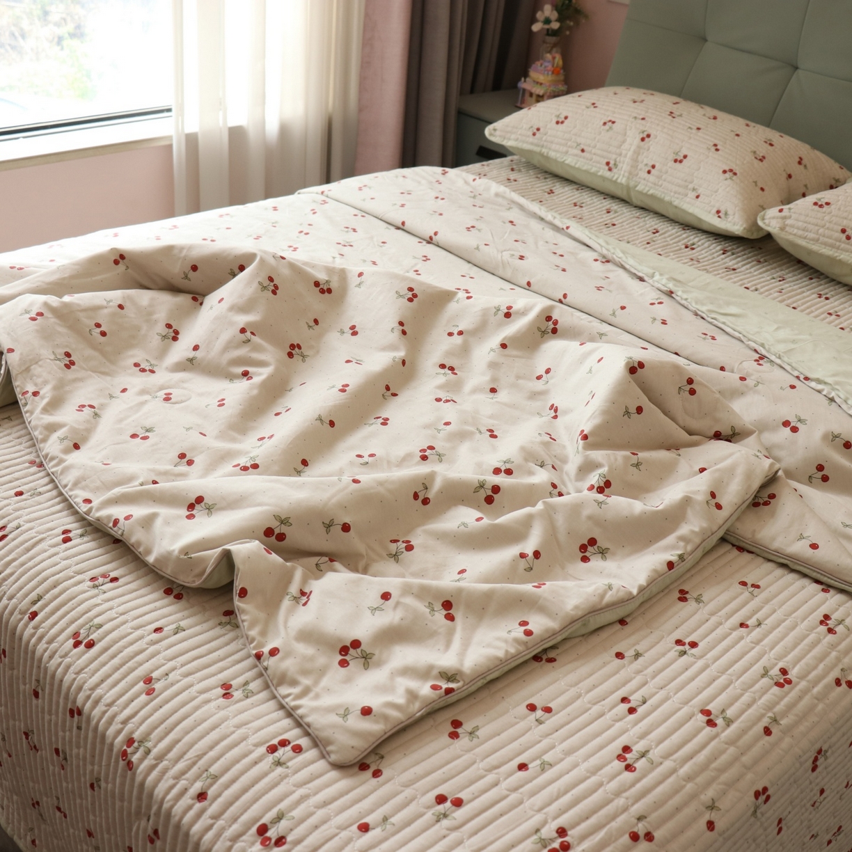 91家纺网 家纺一手货源 找家纺 孑寐家纺 2026新款全棉纯棉多功能夏被床盖四件套夏凉被空调被 小樱桃