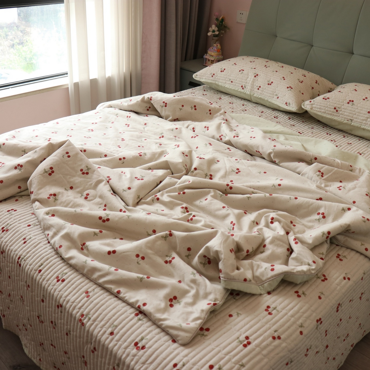 91家纺网 家纺一手货源 找家纺 孑寐家纺 2026新款全棉纯棉多功能夏被床盖四件套夏凉被空调被 小樱桃