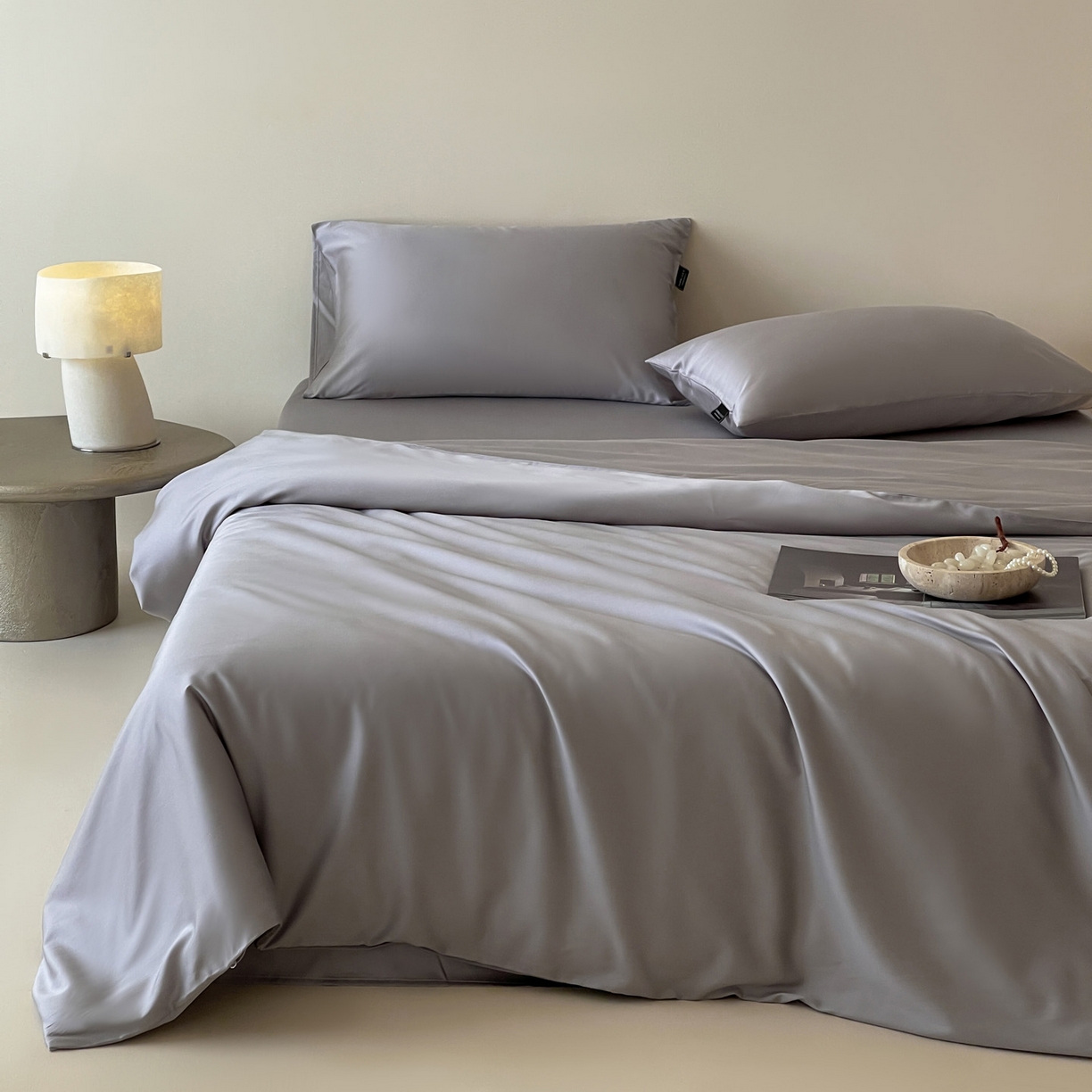 三味舒屋 2026新款凉风小奢绸60S兰精天丝纯色四件套 烟灰色