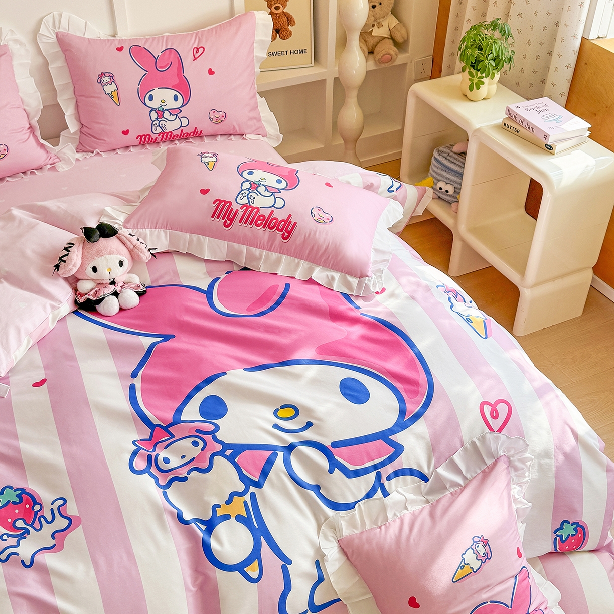 91家纺网 家纺一手货源 找家纺 玉元坊 2026新款儿童卡通全棉纯棉花边被套正版授权三丽鸥美乐蒂大版四件套 大版花边-甜筒美乐蒂