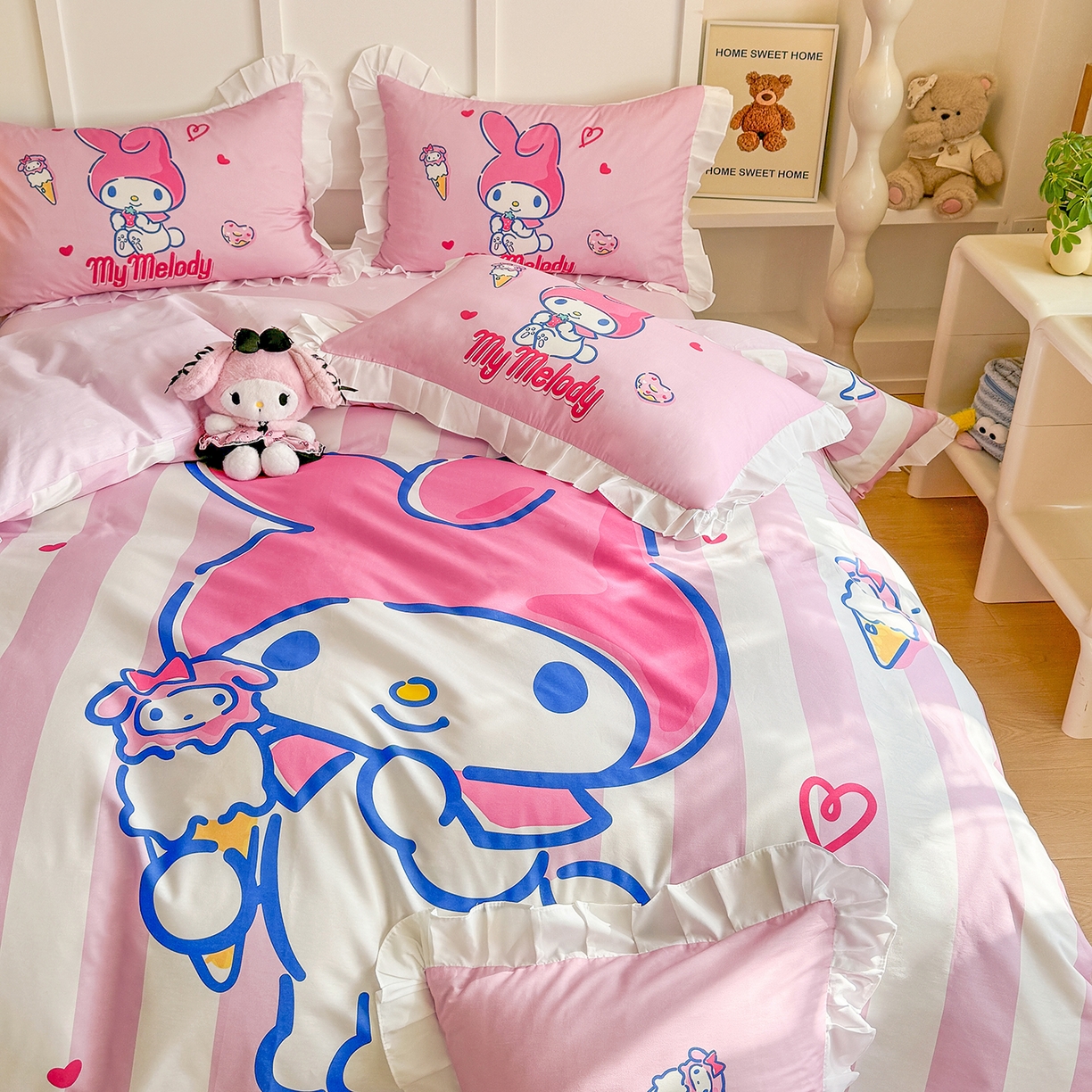 91家纺网 家纺一手货源 找家纺 玉元坊 2026新款儿童卡通全棉纯棉花边被套正版授权三丽鸥美乐蒂大版四件套 大版花边-甜筒美乐蒂