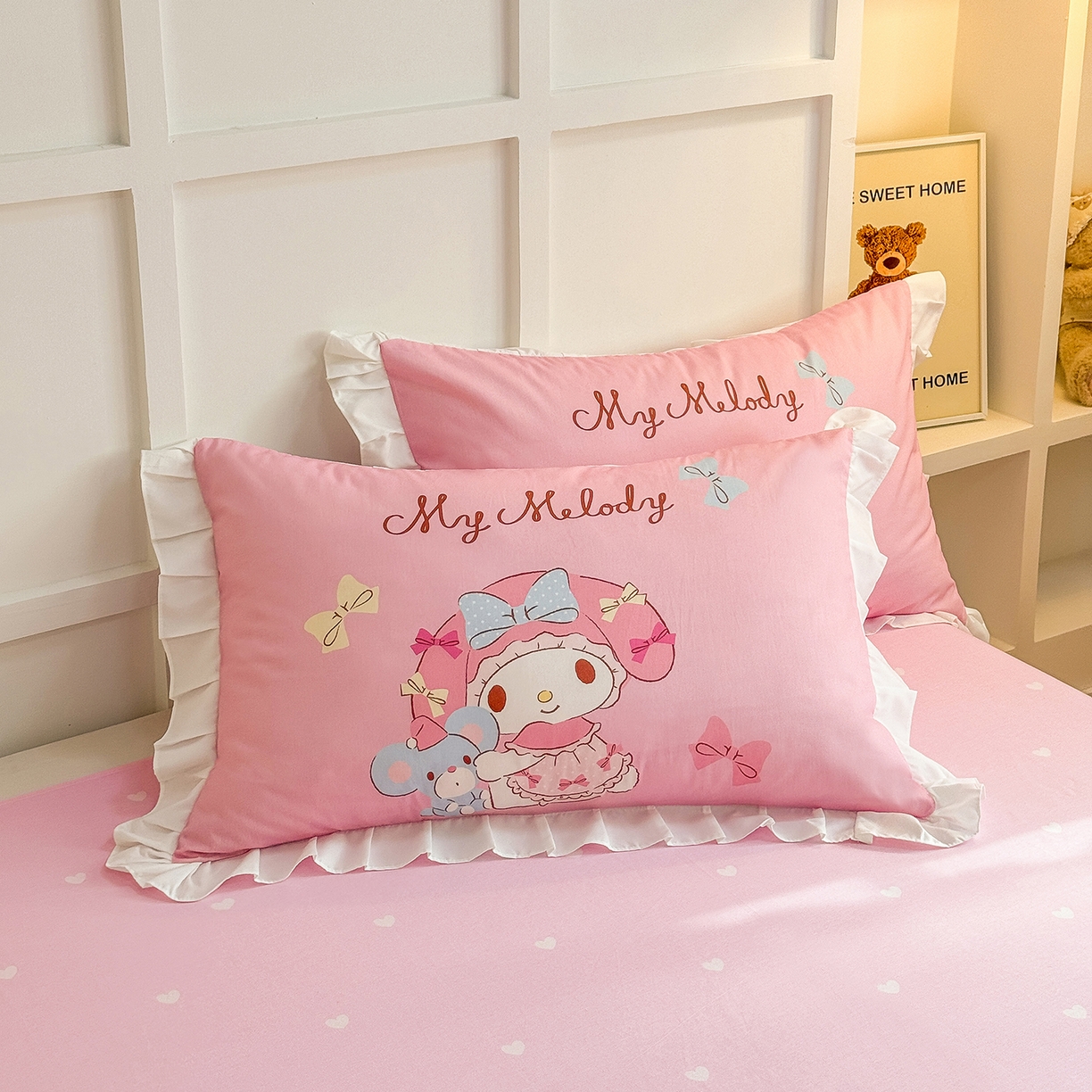 91家纺网 家纺一手货源 找家纺 玉元坊 2026新款儿童卡通全棉纯棉花边被套正版授权三丽鸥美乐蒂大版四件套 大版花边-玩偶美乐蒂