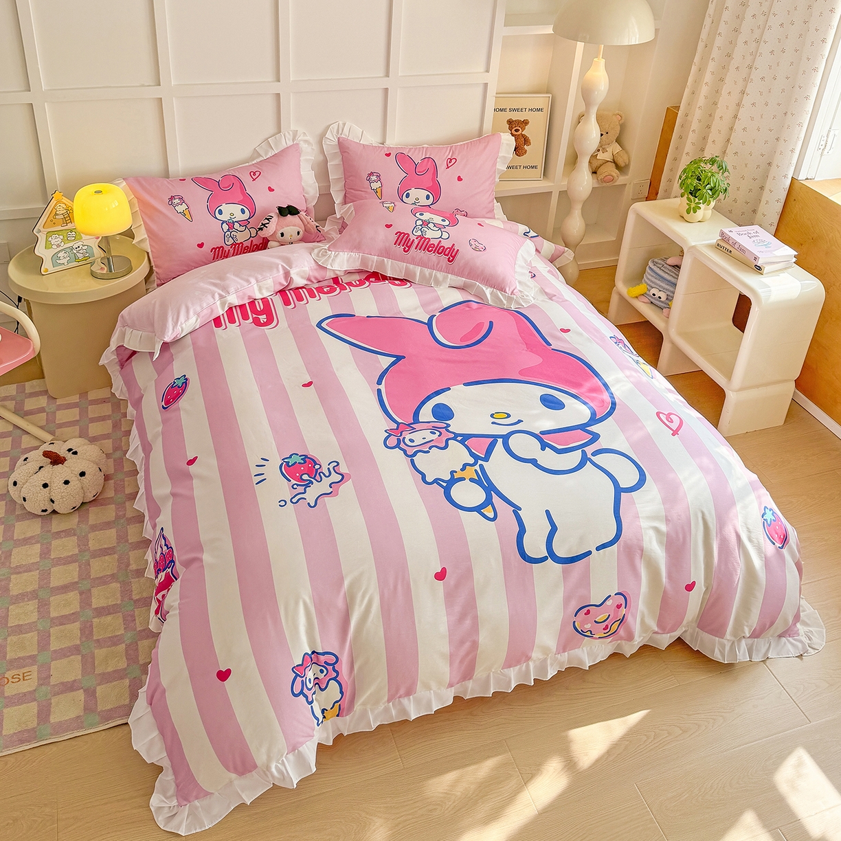 91家纺网 家纺一手货源 找家纺 玉元坊 2026新款儿童卡通全棉纯棉花边被套正版授权三丽鸥美乐蒂大版四件套 大版花边-甜筒美乐蒂