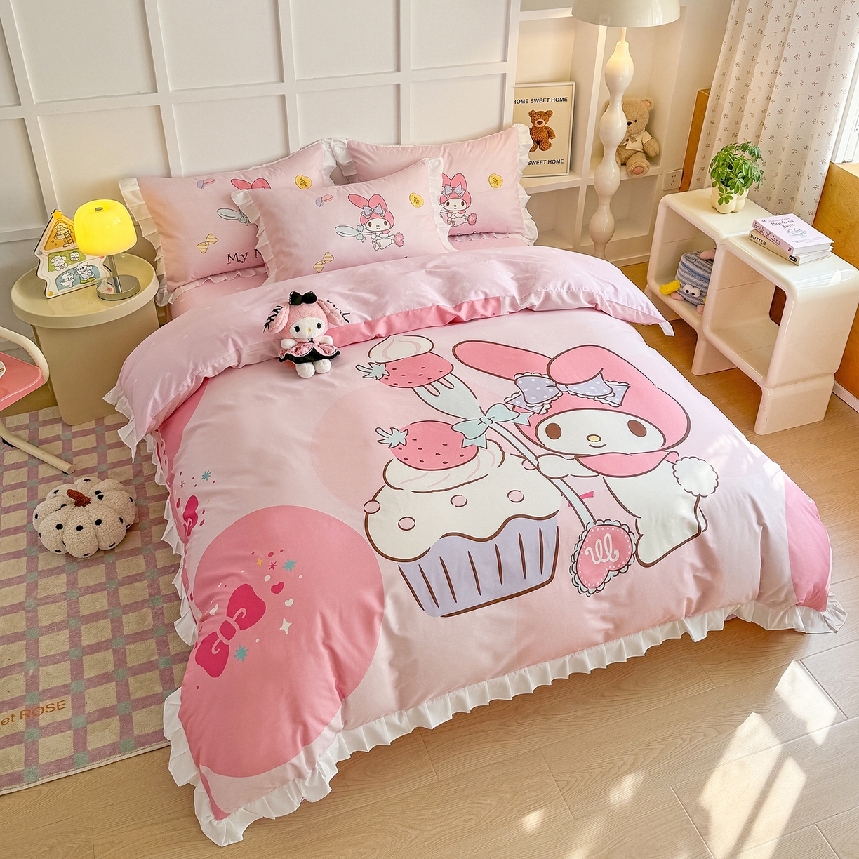 91家纺网 家纺一手货源 找家纺 玉元坊 2026新款儿童卡通全棉纯棉花边被套正版授权三丽鸥美乐蒂大版四件套 大版花边-蛋糕美乐蒂