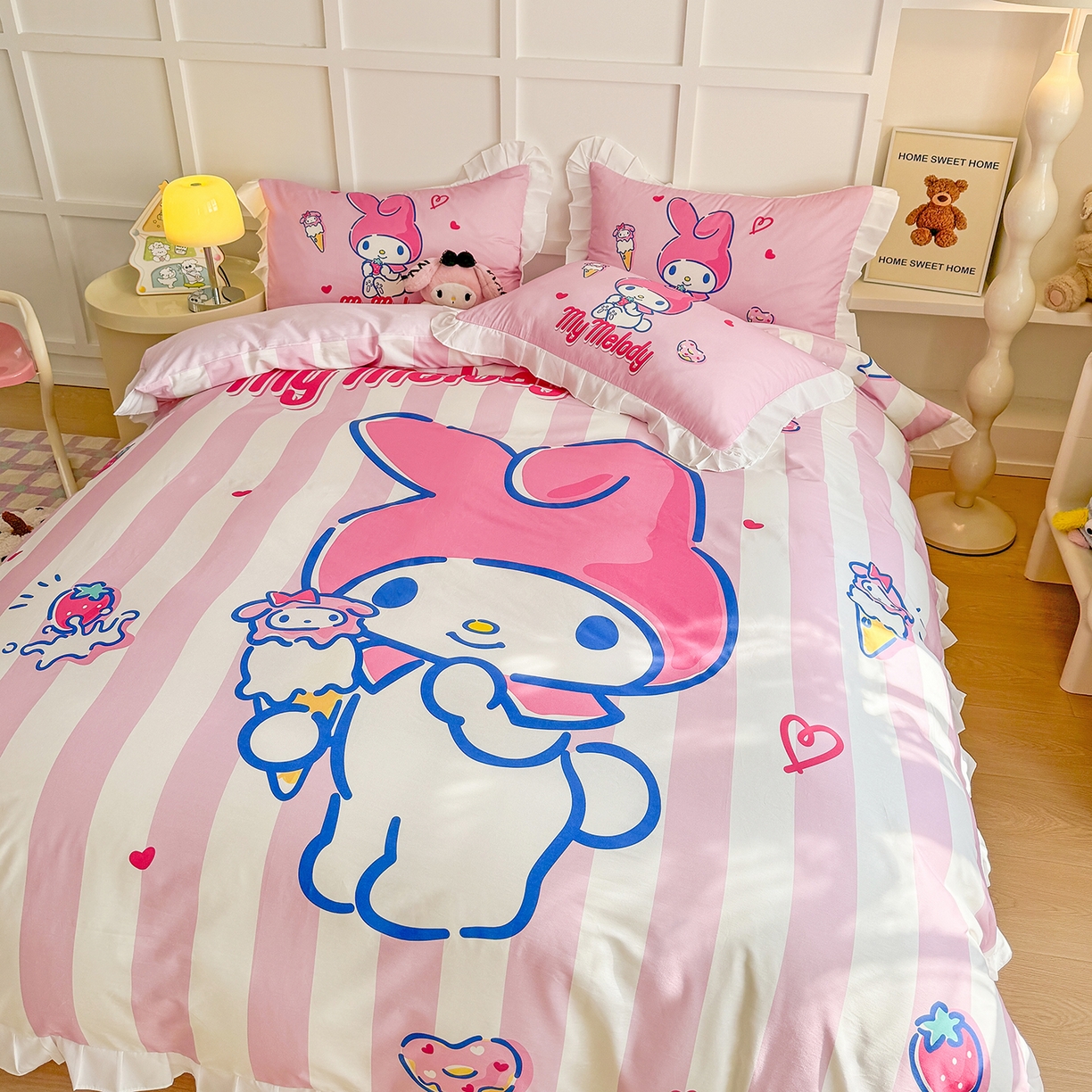 91家纺网 家纺一手货源 找家纺 玉元坊 2026新款儿童卡通全棉纯棉花边被套正版授权三丽鸥美乐蒂大版四件套 大版花边-甜筒美乐蒂