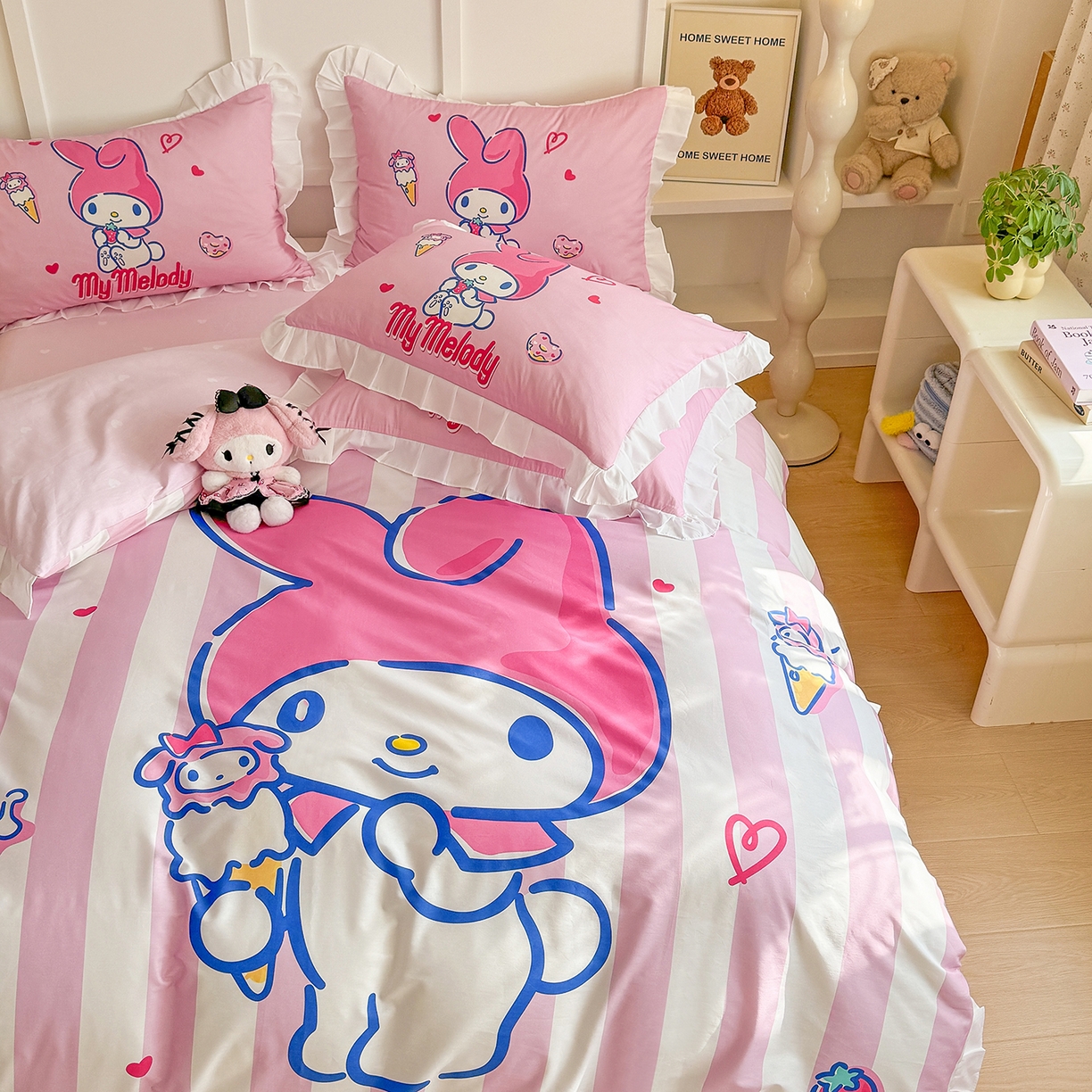 91家纺网 家纺一手货源 找家纺 玉元坊 2026新款儿童卡通全棉纯棉花边被套正版授权三丽鸥美乐蒂大版四件套 大版花边-甜筒美乐蒂