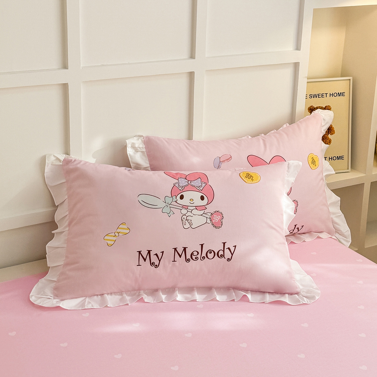 91家纺网 家纺一手货源 找家纺 玉元坊 2026新款儿童卡通全棉纯棉花边被套正版授权三丽鸥美乐蒂大版四件套 大版花边-蛋糕美乐蒂