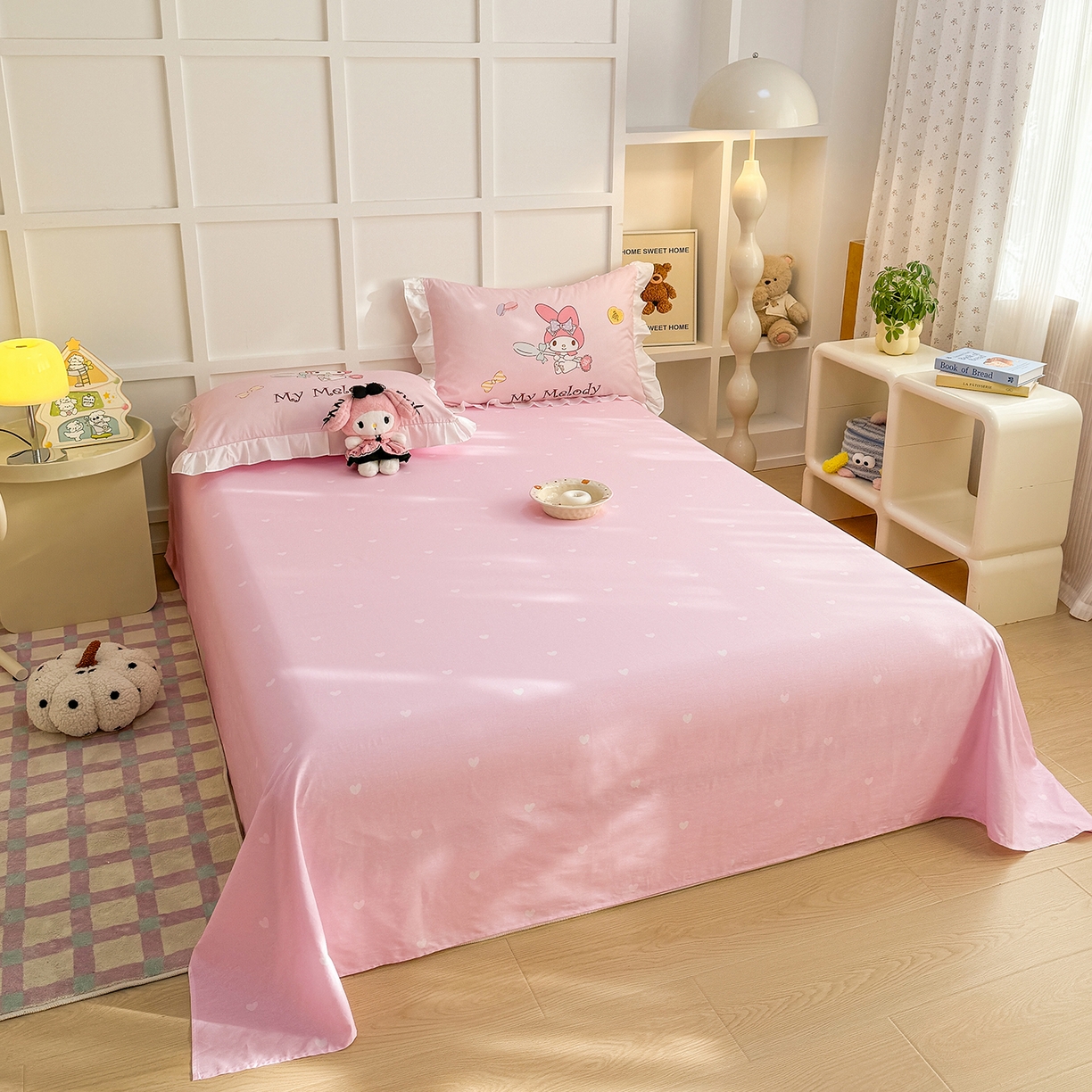 91家纺网 家纺一手货源 找家纺 玉元坊 2026新款儿童卡通全棉纯棉花边被套正版授权三丽鸥美乐蒂大版四件套 大版花边-蛋糕美乐蒂