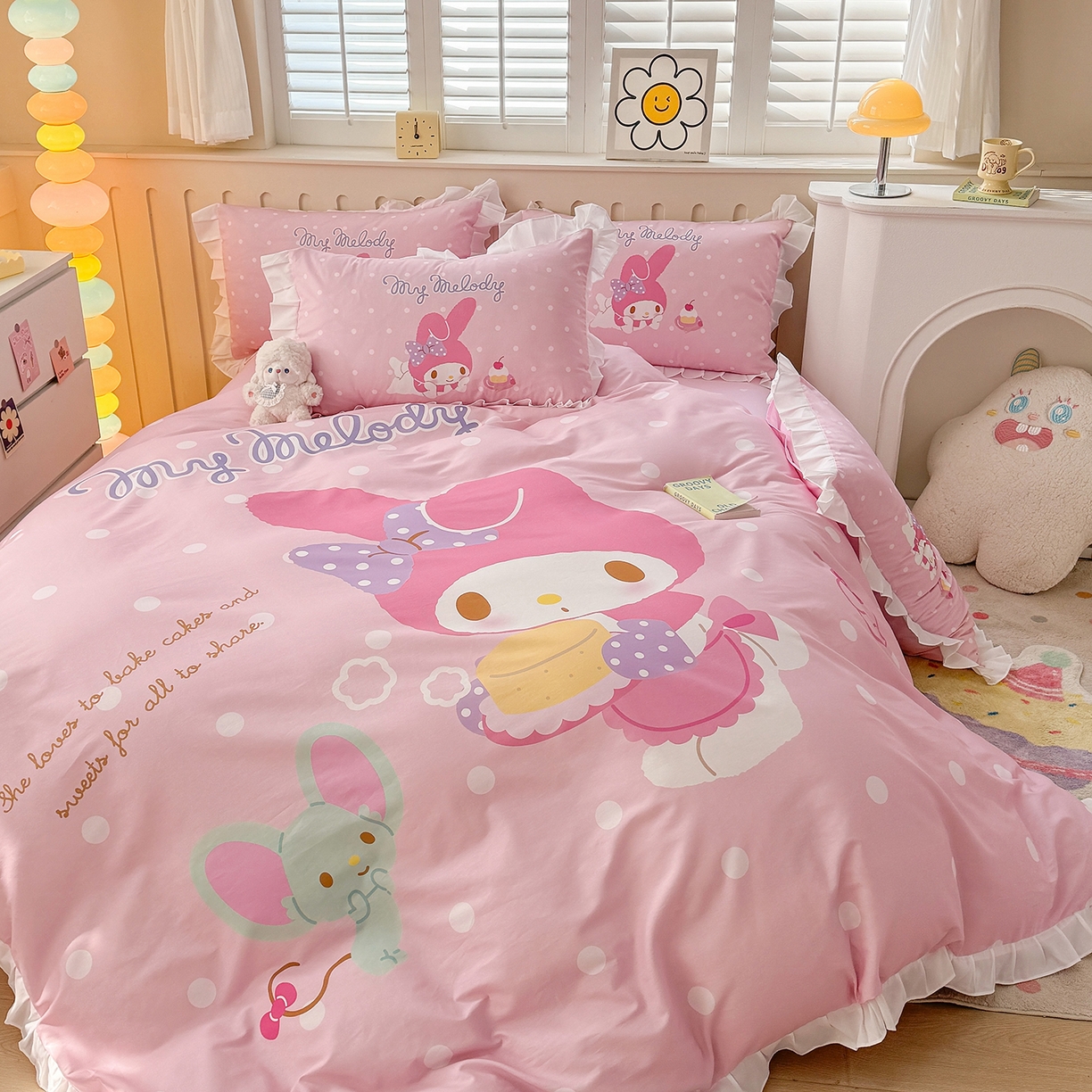 91家纺网 家纺一手货源 找家纺 玉元坊 2026新款儿童卡通全棉纯棉花边被套正版授权三丽鸥美乐蒂大版四件套 大版花边-甜品美乐蒂