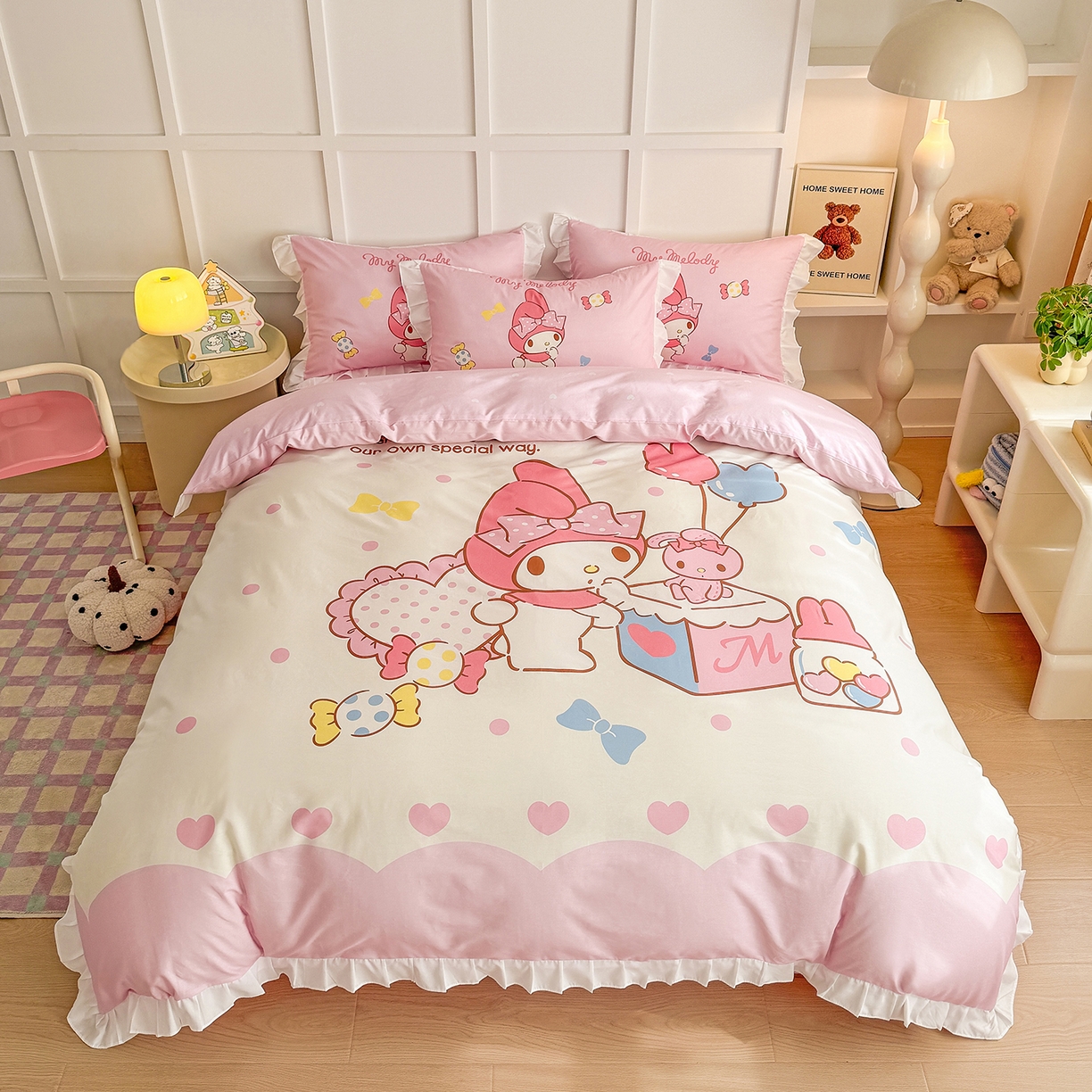 91家纺网 家纺一手货源 找家纺 玉元坊 2026新款儿童卡通全棉纯棉花边被套正版授权三丽鸥美乐蒂大版四件套 大版花边-糖果美乐蒂