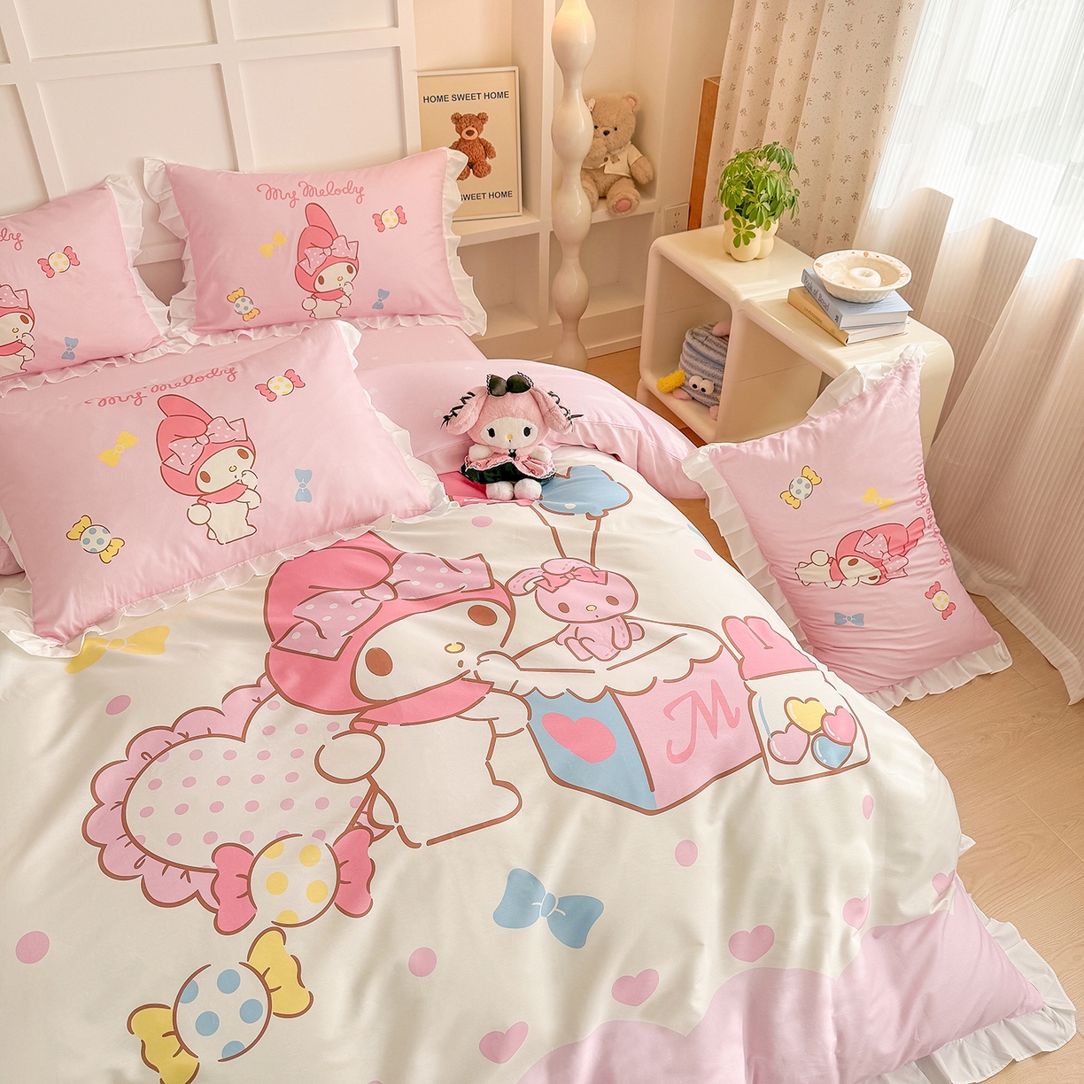 91家纺网 家纺一手货源 找家纺 玉元坊 2026新款儿童卡通全棉纯棉花边被套正版授权三丽鸥美乐蒂大版四件套 大版花边-糖果美乐蒂