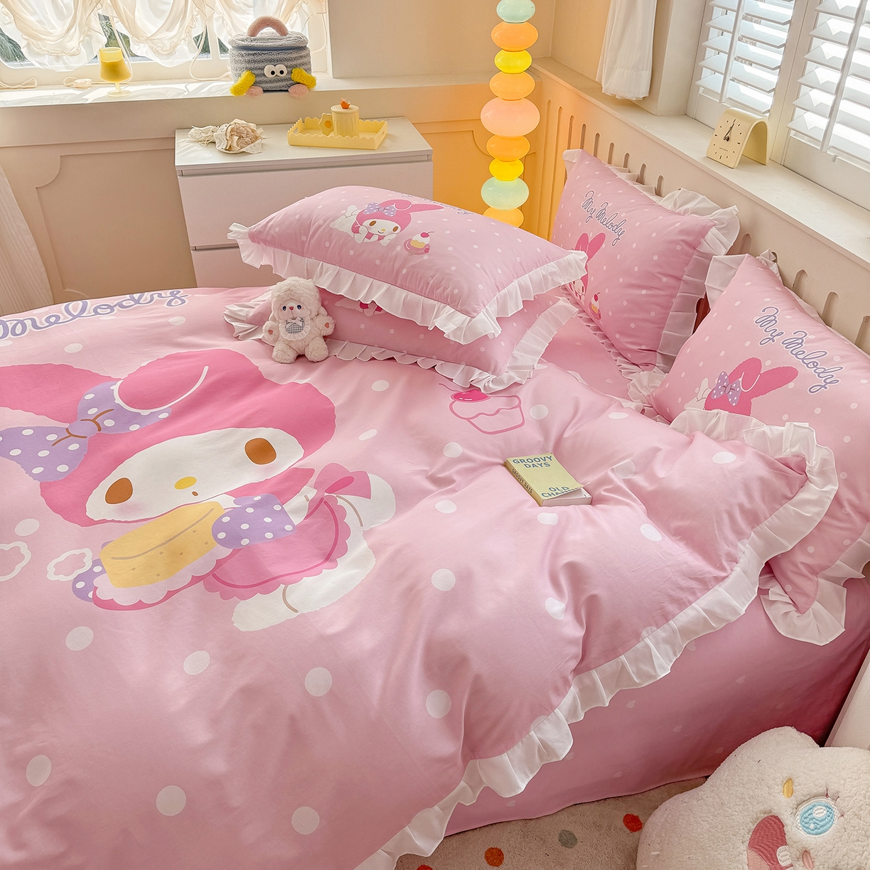 91家纺网 家纺一手货源 找家纺 玉元坊 2026新款儿童卡通全棉纯棉花边被套正版授权三丽鸥美乐蒂大版四件套 大版花边-甜品美乐蒂