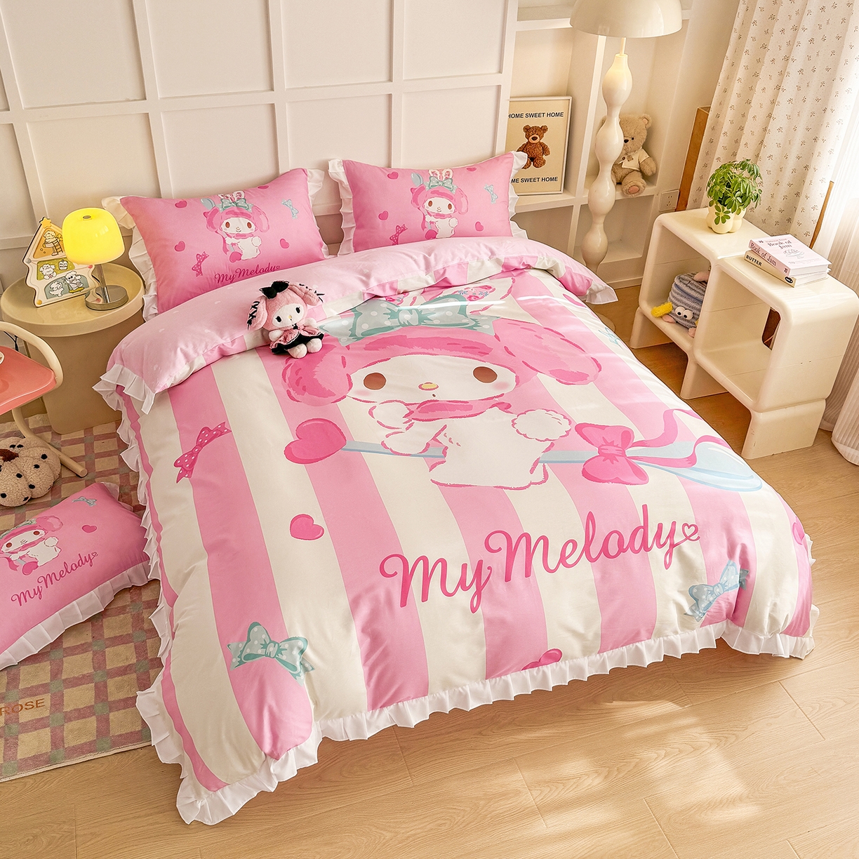 91家纺网 家纺一手货源 找家纺 玉元坊 2026新款儿童卡通全棉纯棉花边被套正版授权三丽鸥美乐蒂大版四件套 大版花边-甜心美乐蒂