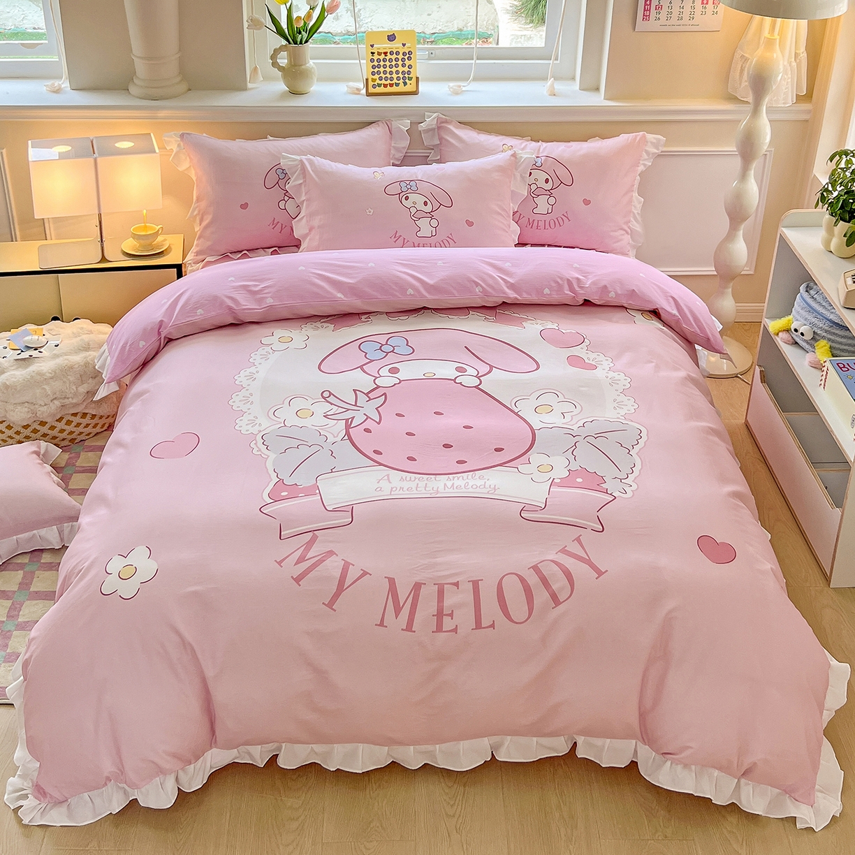 玉元坊 2026新款儿童卡通全棉纯棉花边被套正版授权三丽鸥美乐蒂大版四件套 大版花边-粉兔草莓