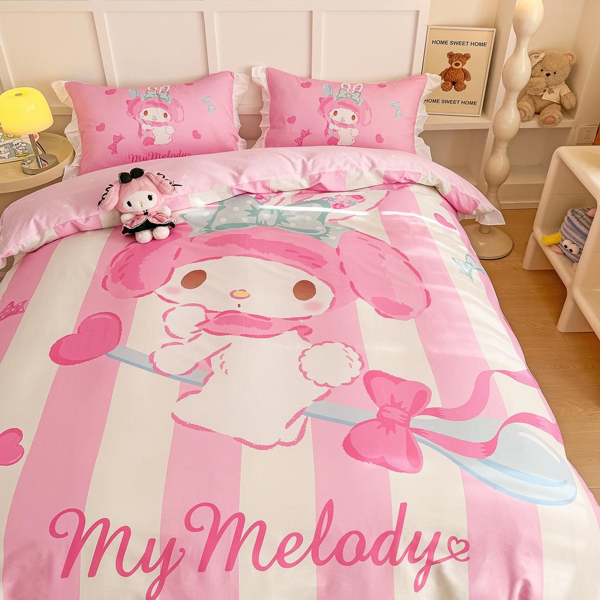 91家纺网 家纺一手货源 找家纺 玉元坊 2026新款儿童卡通全棉纯棉花边被套正版授权三丽鸥美乐蒂大版四件套 大版花边-甜心美乐蒂