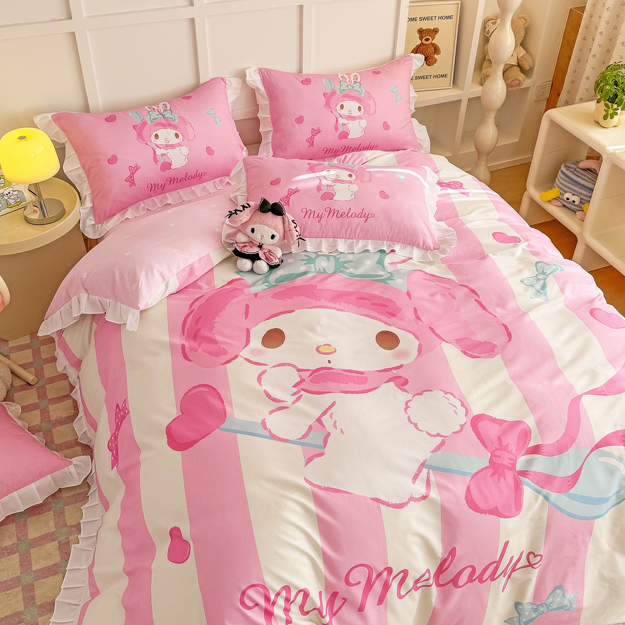 91家纺网 家纺一手货源 找家纺 玉元坊 2026新款儿童卡通全棉纯棉花边被套正版授权三丽鸥美乐蒂大版四件套 大版花边-甜心美乐蒂