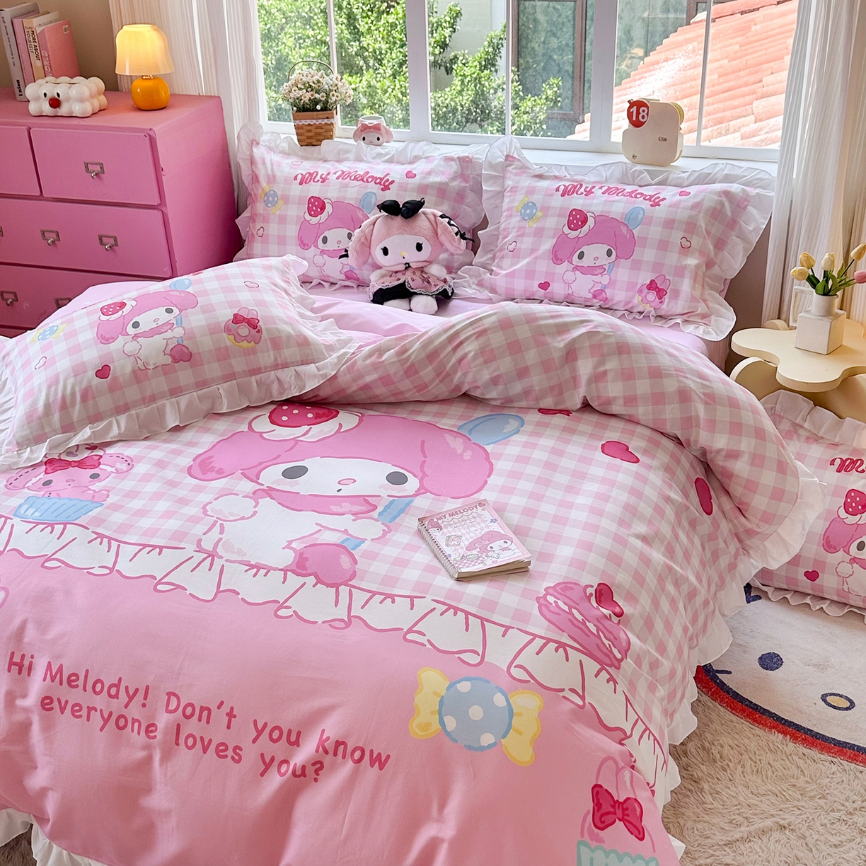 91家纺网 家纺一手货源 找家纺 玉元坊 2026新款儿童卡通全棉纯棉花边被套正版授权三丽鸥美乐蒂大版四件套 大版花边-星黛美乐蒂