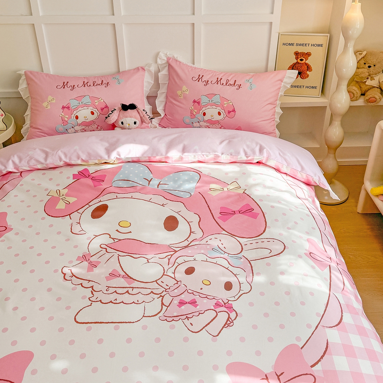 91家纺网 家纺一手货源 找家纺 玉元坊 2026新款儿童卡通全棉纯棉花边被套正版授权三丽鸥美乐蒂大版四件套 大版花边-玩偶美乐蒂