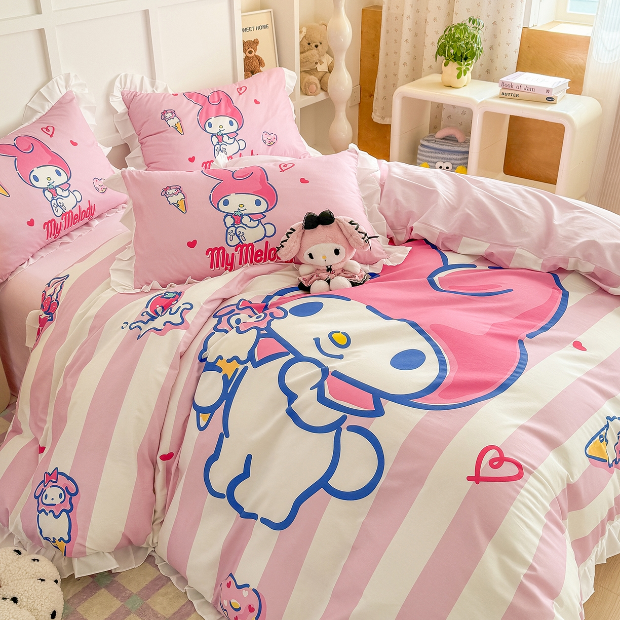 91家纺网 家纺一手货源 找家纺 玉元坊 2026新款儿童卡通全棉纯棉花边被套正版授权三丽鸥美乐蒂大版四件套 大版花边-甜筒美乐蒂