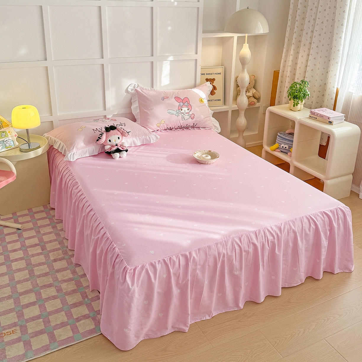 91家纺网 家纺一手货源 找家纺 玉元坊 2026新款儿童卡通全棉纯棉花边被套正版授权三丽鸥美乐蒂大版四件套 大版花边-蛋糕美乐蒂