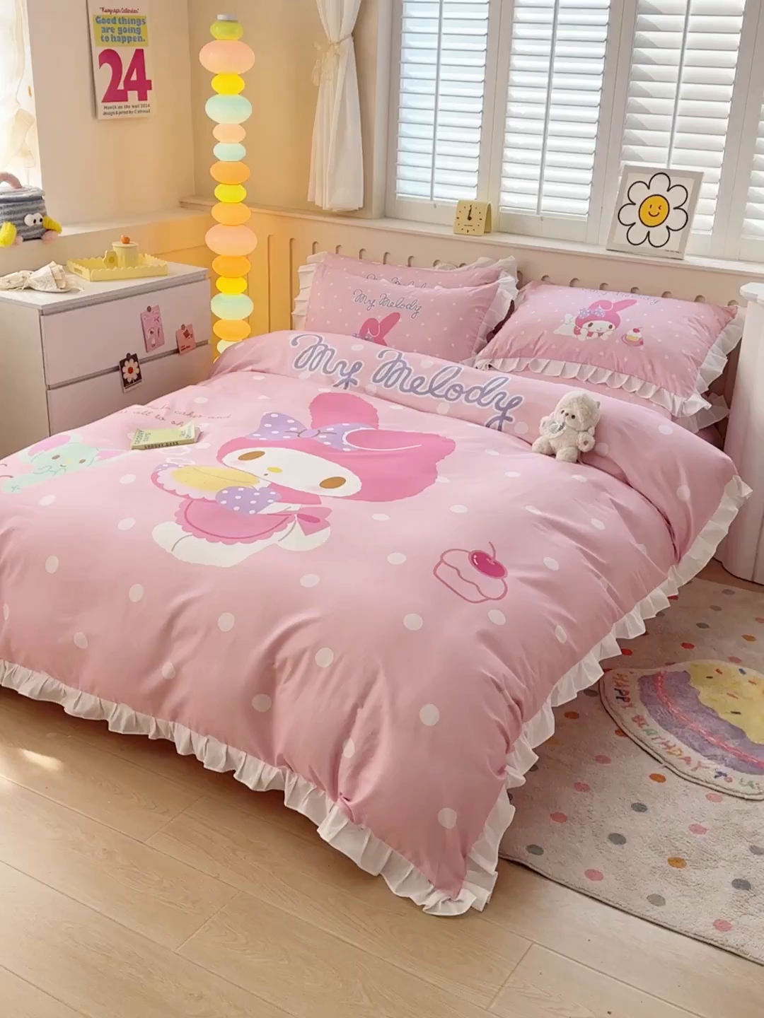91家纺网 家纺一手货源 找家纺 玉元坊 2026新款儿童卡通全棉纯棉花边被套正版授权三丽鸥美乐蒂大版四件套 大版花边-甜品美乐蒂