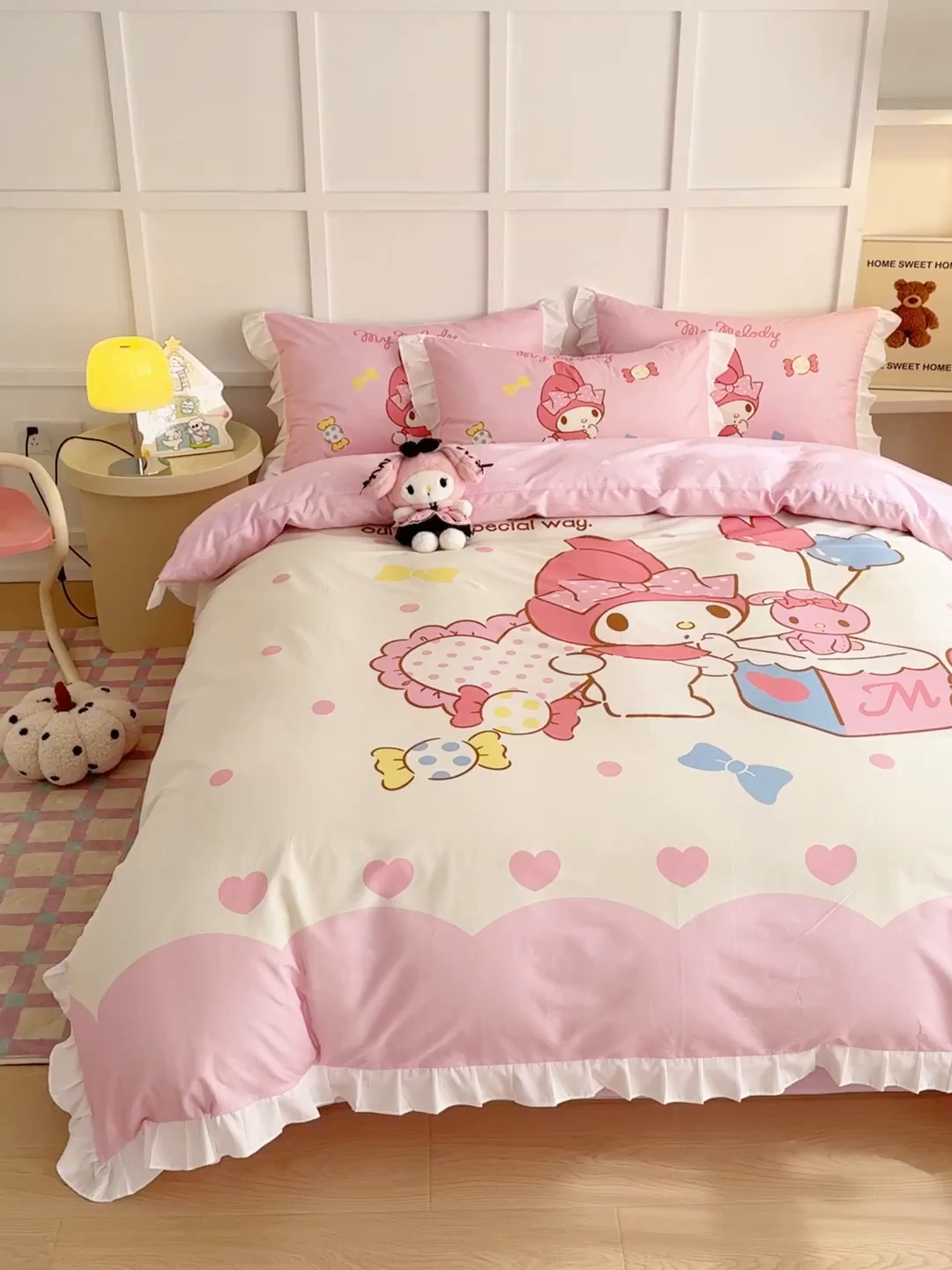 91家纺网 家纺一手货源 找家纺 玉元坊 2026新款儿童卡通全棉纯棉花边被套正版授权三丽鸥美乐蒂大版四件套 大版花边-糖果美乐蒂