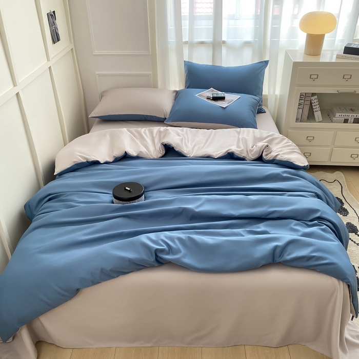 91家纺网 家纺一手货源 找家纺 榆禾家纺 【提供买家秀】2026新款水洗冰丝四件套水洗真丝纯色双拼风格二 绅士灰+宾利蓝