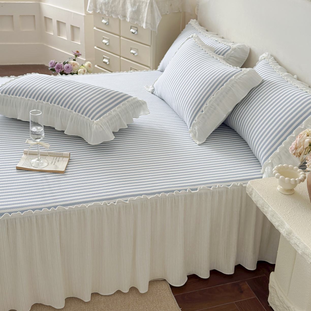 91家纺网 家纺一手货源 找家纺 乐朵家居 2026新款 爱丽丝（加厚复合） 凉豆豆凉席三件套 蓝