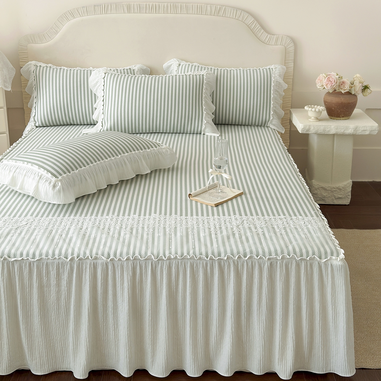 91家纺网 家纺一手货源 找家纺 乐朵家居 2026新款 爱丽丝（加厚复合） 凉豆豆凉席三件套 绿