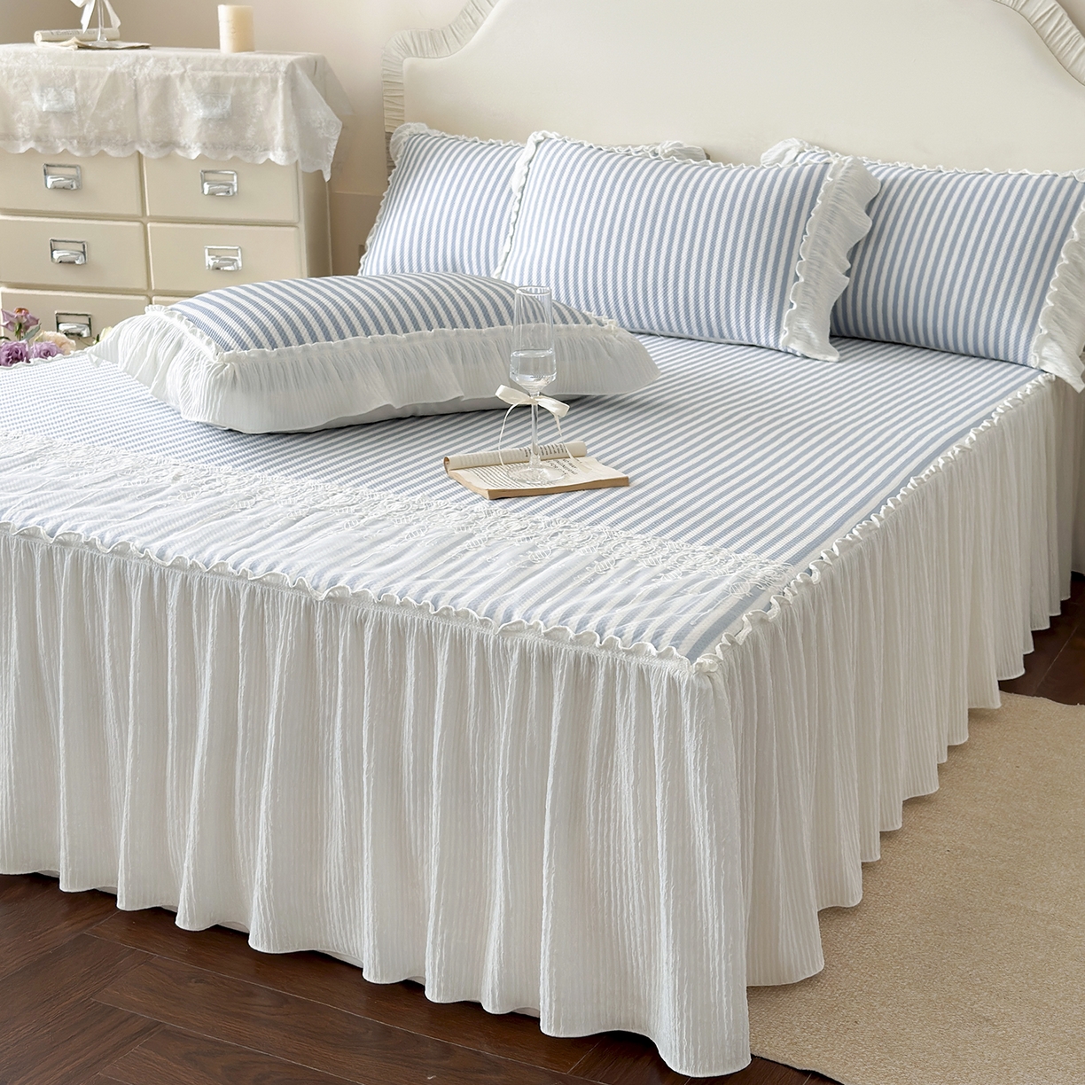 91家纺网 家纺一手货源 找家纺 乐朵家居 2026新款 爱丽丝（加厚复合） 凉豆豆凉席三件套 蓝