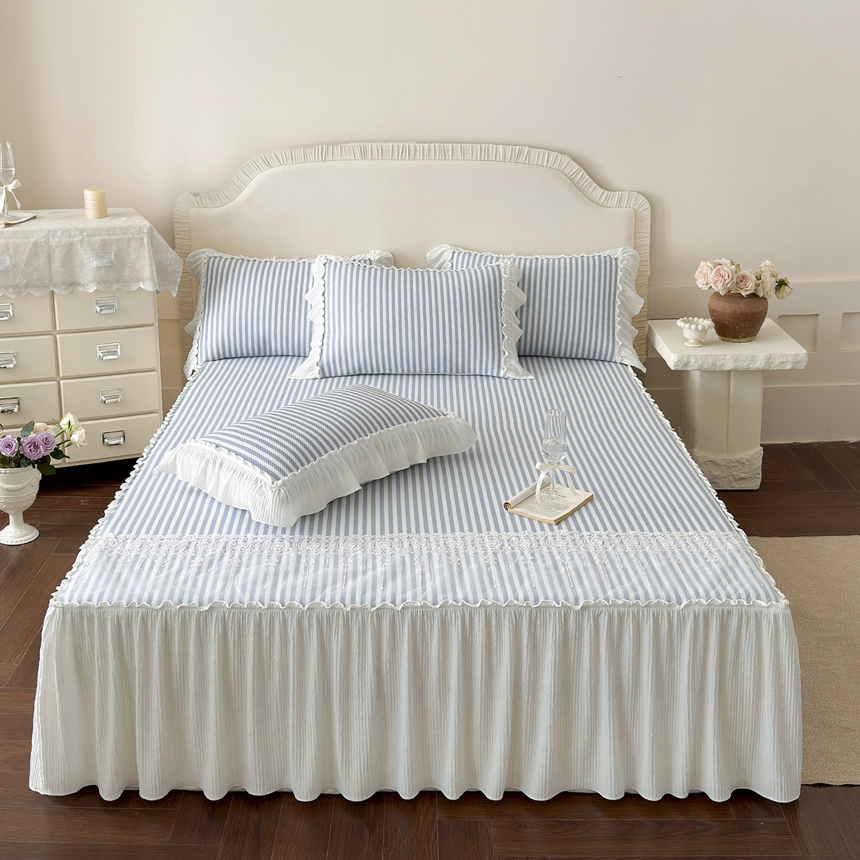 91家纺网 家纺一手货源 找家纺 乐朵家居 2026新款 爱丽丝（加厚复合） 凉豆豆凉席三件套 蓝