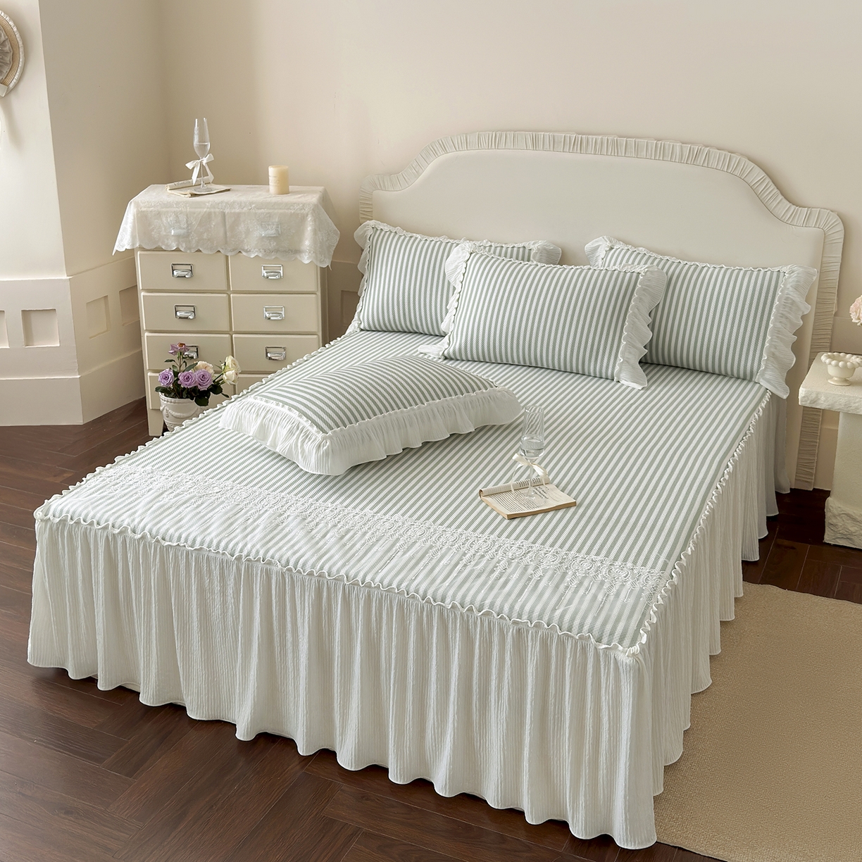 91家纺网 家纺一手货源 找家纺 乐朵家居 2026新款 爱丽丝（加厚复合） 凉豆豆凉席三件套 绿