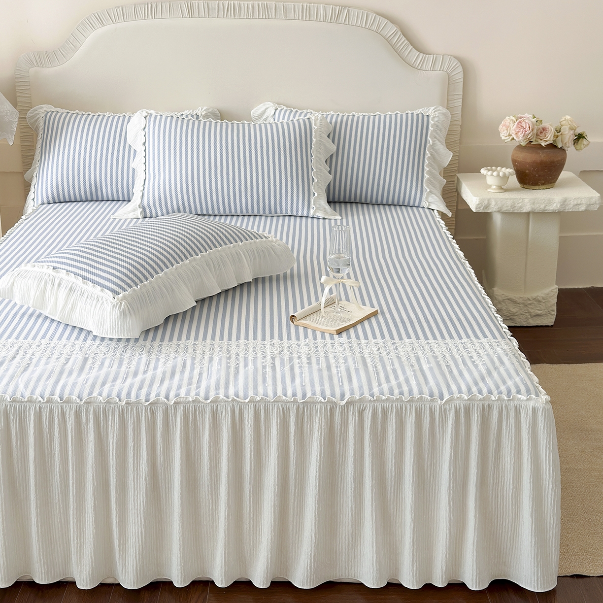 91家纺网 家纺一手货源 找家纺 乐朵家居 2026新款 爱丽丝（加厚复合） 凉豆豆凉席三件套 蓝