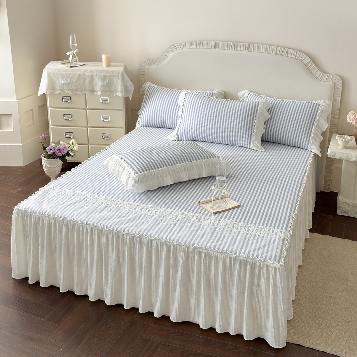 91家纺网 家纺一手货源 找家纺 乐朵家居 2026新款 爱丽丝（加厚复合） 凉豆豆凉席三件套 蓝