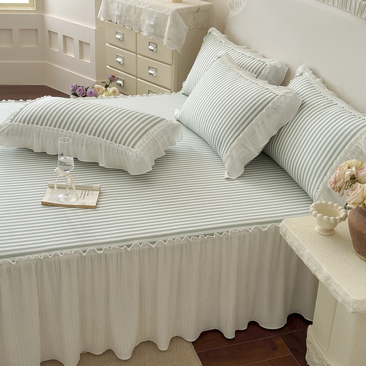 91家纺网 家纺一手货源 找家纺 乐朵家居 2026新款 爱丽丝（加厚复合） 凉豆豆凉席三件套 绿