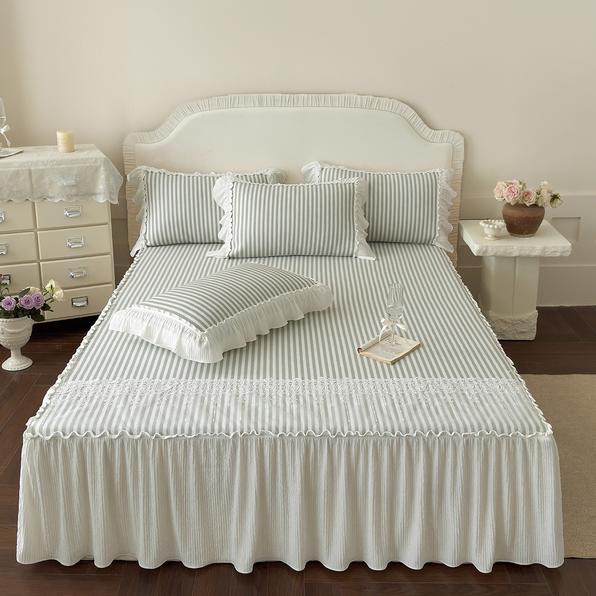 91家纺网 家纺一手货源 找家纺 乐朵家居 2026新款 爱丽丝（加厚复合） 凉豆豆凉席三件套 绿