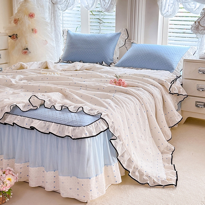 91家纺网 家纺一手货源 找家纺 贝凯瑞 2026新款（美拉德）系列双层纱木棉水洗棉法式花边单件三件四件床盖 美拉德-曲奇小熊