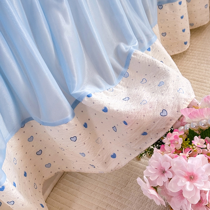 91家纺网 家纺一手货源 找家纺 贝凯瑞 2026夏季冰凉豆豆碳光冰丝空气层床裙款夏日清梦花边夏被凉席子单件三件四件套 夏日冰蓝